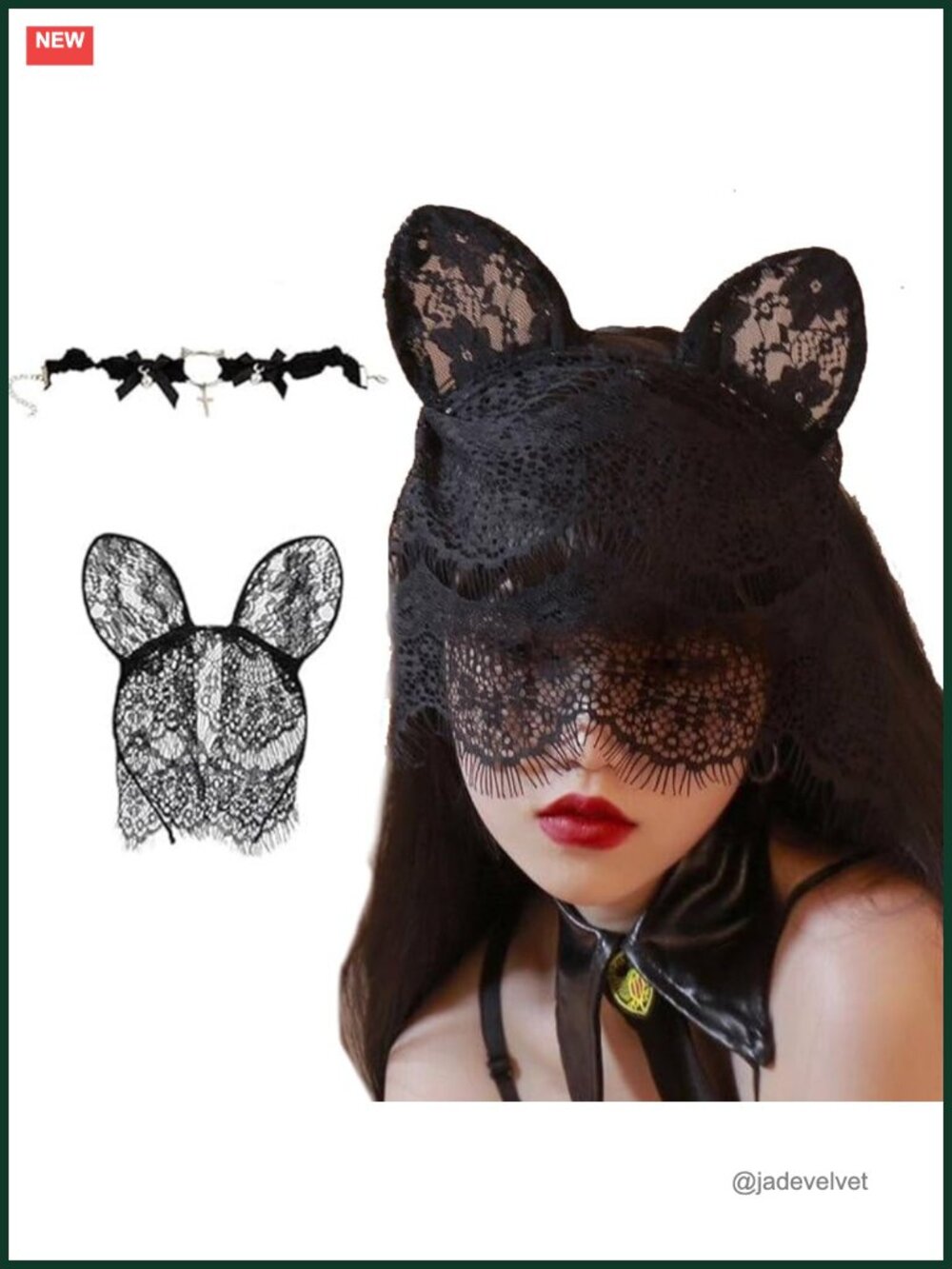 Cat Ear Headband Adult with Lace Veil and Lace Collar Necklace Set